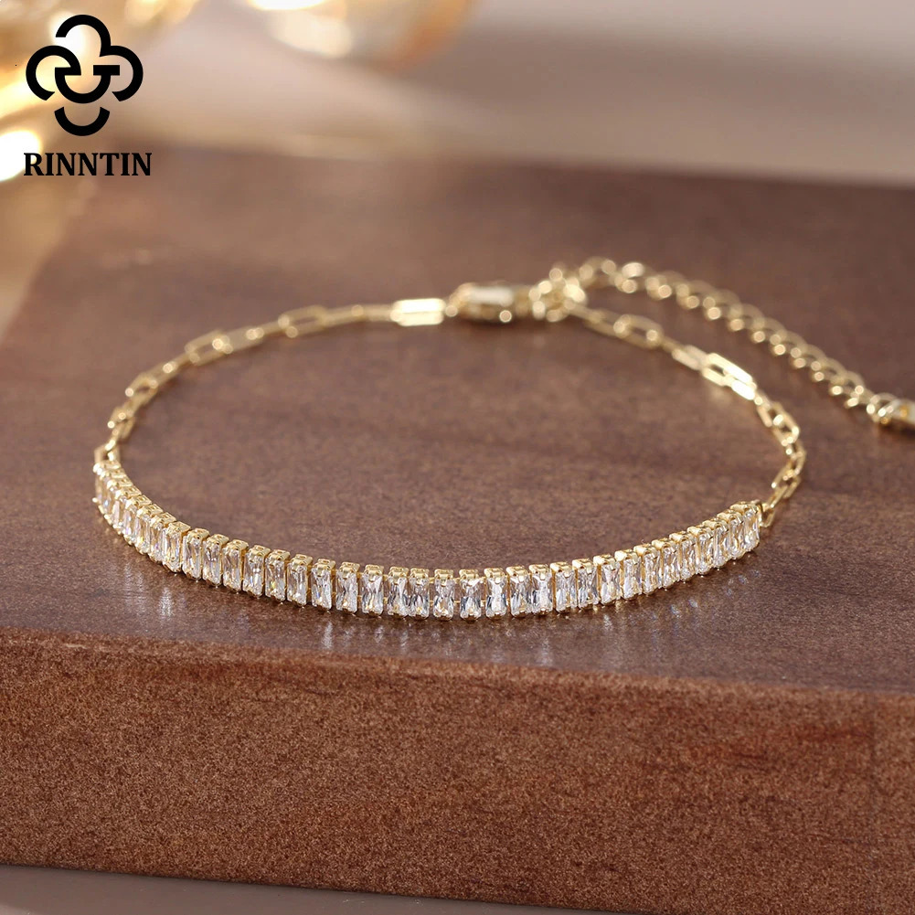 Description 925 Silver Sparkling 3mm Emerald Shape Womens Tennis Zircon Bracelet Original Charm Paperclip Bracelet SB215 250303