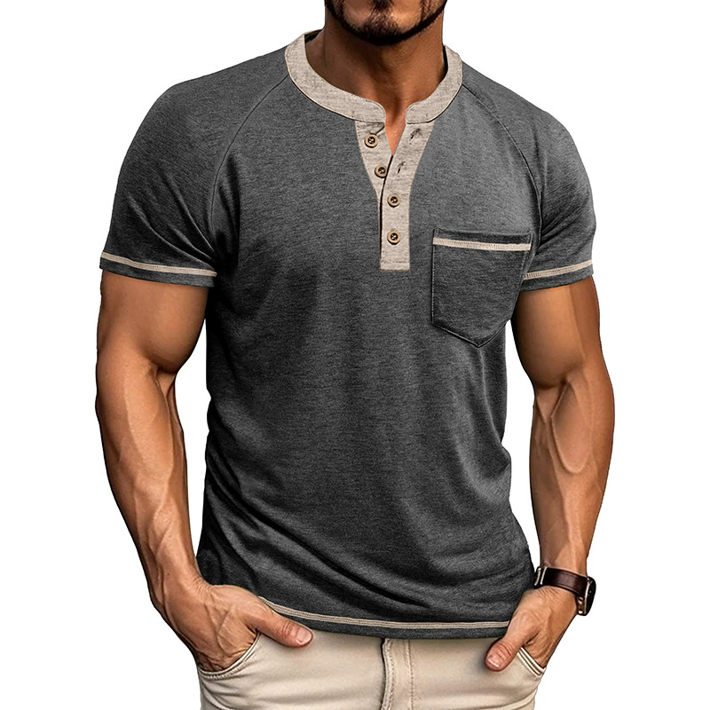 XXXL T-shirts Summer Men's Short-sleeved Henry Shirt Buttons Retro T-shirt Color Matching Polos Clothes Male Pullovers Tops Tees Dark Grey Green 
