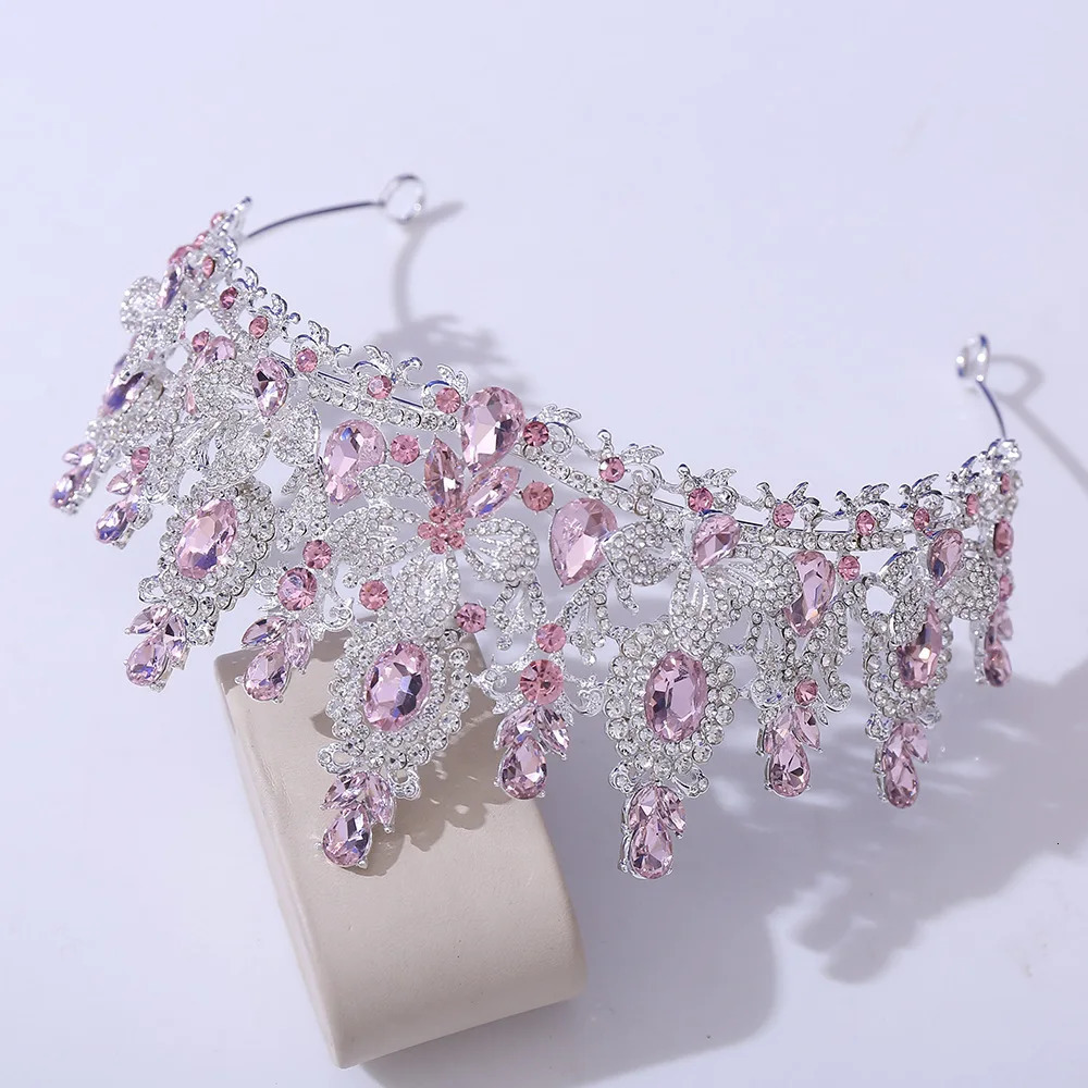 Silver Color Pink Opal Royal Queen Wedding Crown Rhinestone Crystal Bridal Diadem Pageant Headdress Bride Tiara Hair Accessories 250303