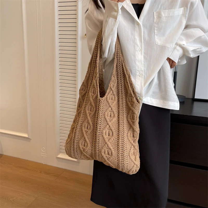 Wool Knitted Shoulder Bag Womens Retro Cotton Handbag Shopping 250227