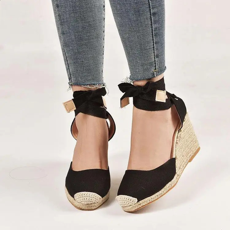 Black Platform Sandals Clogs Wedge Straw Shoes Women Summer Heels Large Size Suit Female Beige Espadrilles Handmade Girls 2024 C 250305