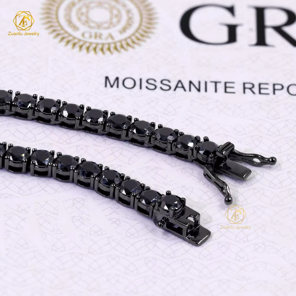Hip Hop Iced Out Men Necklace S925 Sterling Silver 3MM 4MM 5mm Black Colored Moissanite Tennis Chain Diamond Bracelet for Gifts