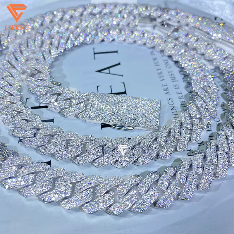 8mm 14mm 2- 3 Rows Pass Diamond Tester VVS1 Moissanite Miami Necklace 925 Sterling Silver Moissanite Cuban Link Chain Rose Gold