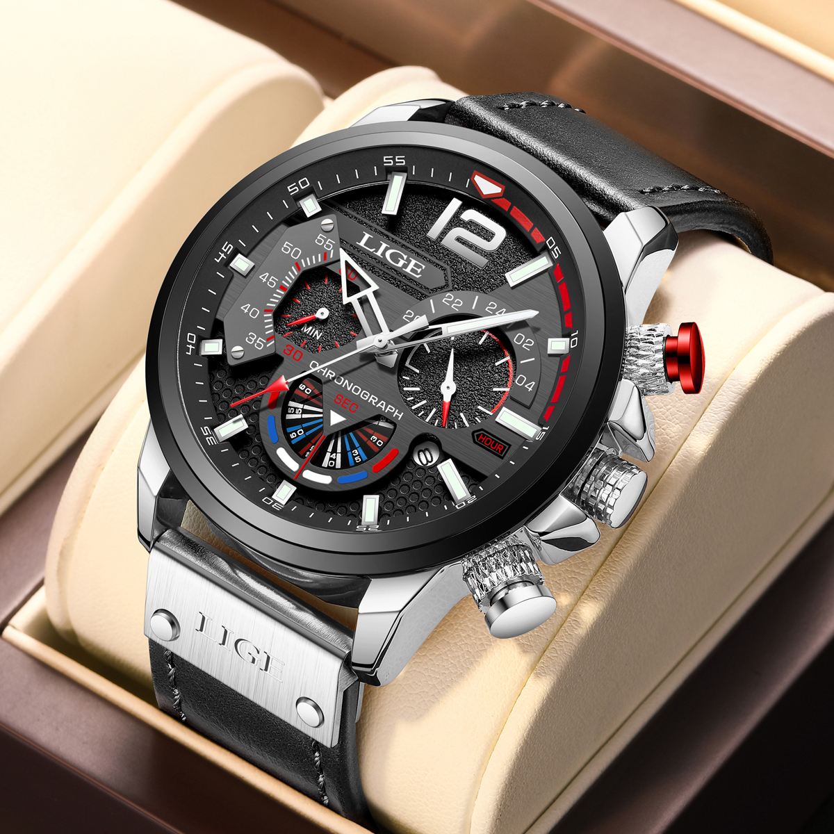 LIGE brand leather strap men's watch multifunctional waterproof calendar large dial quartz watch sports timing code men's watch