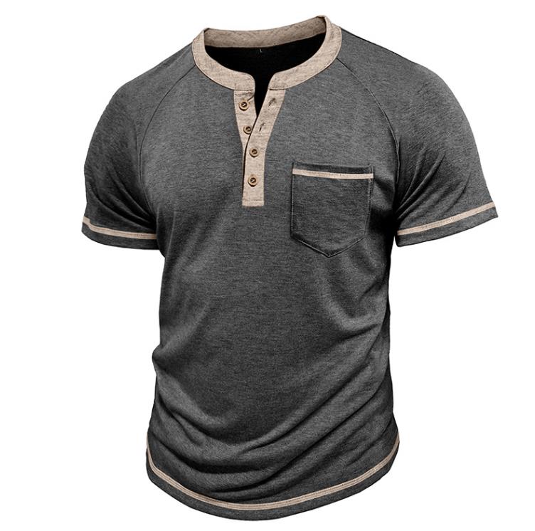 Summer Men's Short-sleeved Henry Shirt Buttons Retro T-shirt Color Matching T-shirts Polos Clothes Male Pullovers Tops Tees White Grey XXXL