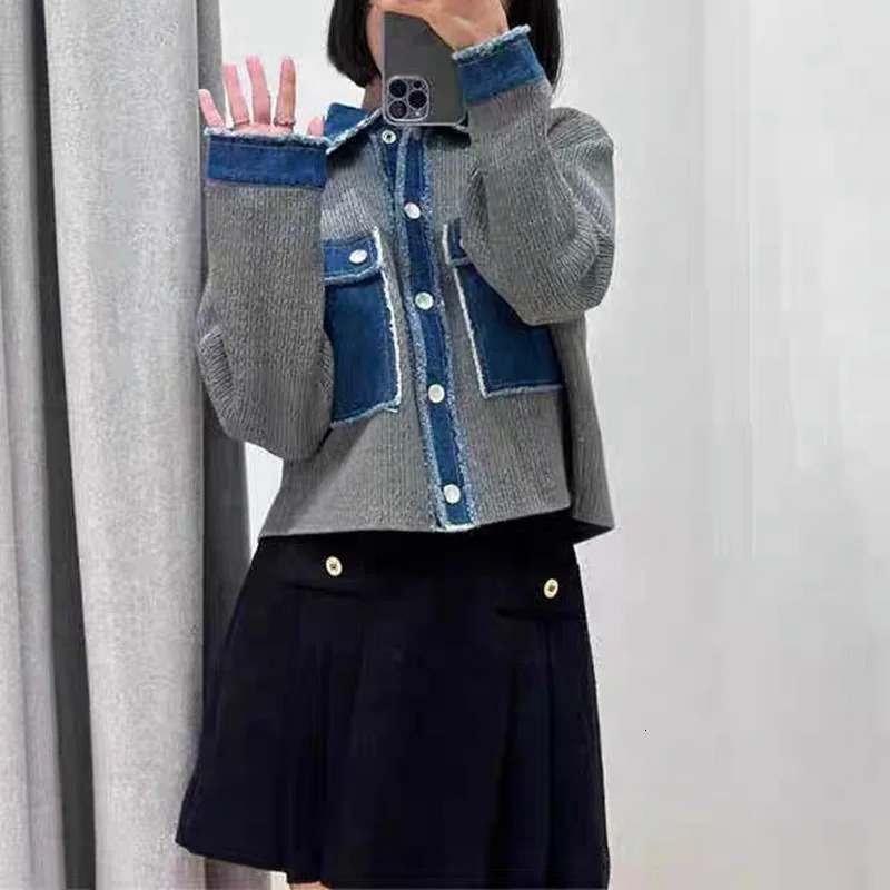 Denim Coat for Women 2024 Autumn Winter Spliced Turn Down Collar Single Breasted Casual Long Sleeve Jacket 250226