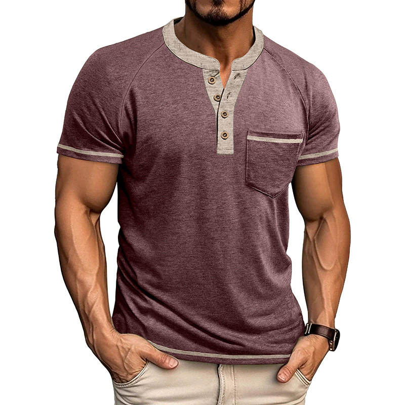 XXXL T-shirts Summer Men's Short-sleeved Henry Shirt Buttons Retro T-shirt Color Matching Polos Clothes Male Pullovers Tops Tees Dark Grey Green 