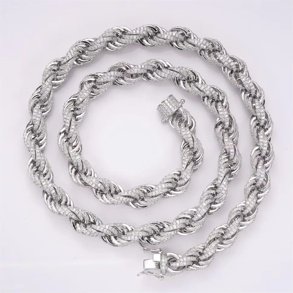 10mm Solid Gold 10k 14k Plated VVS Moissanite Diamond Round Cut Silver Rope Link Chain