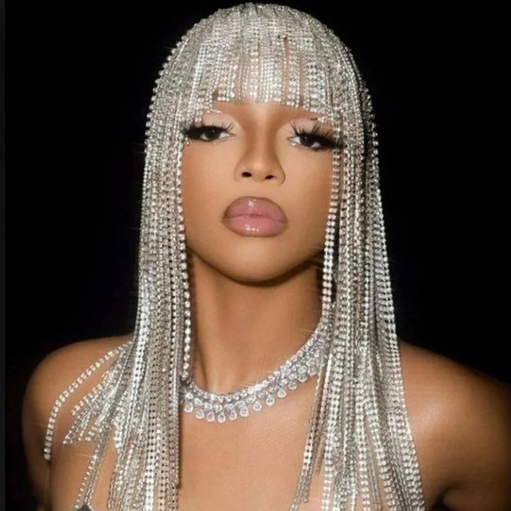 Gorgeous long tassel headpiece rhinestone hair chain headband sparkling bridal hat womens crystal hollow headband jewelry 250303