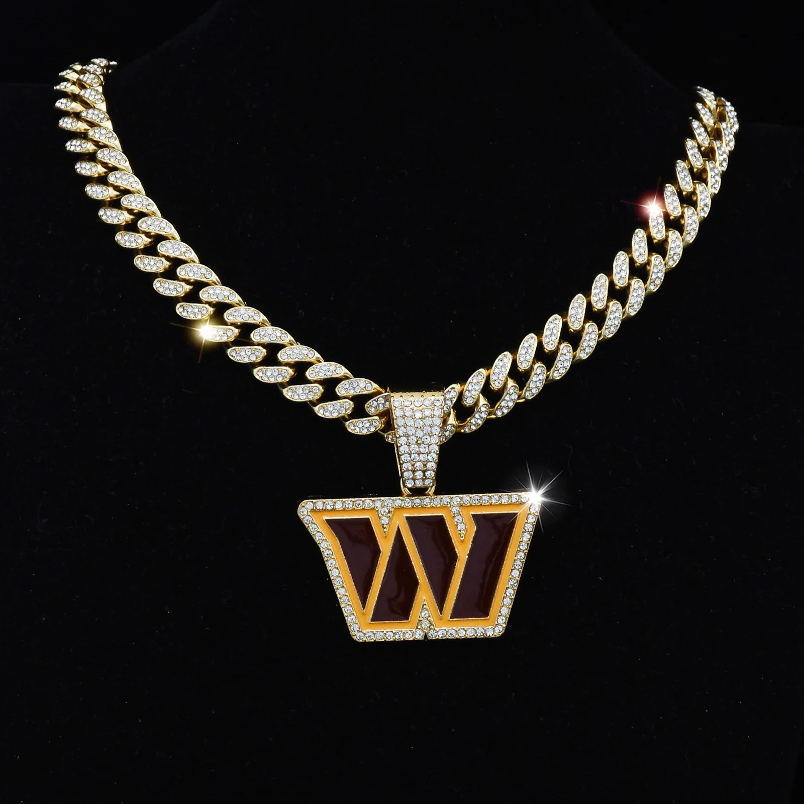 ULJ Hip Hop Bling W Letter Pendant Chain Necklace With Cuban Miami Iced out Bling Football Jewelry 250227