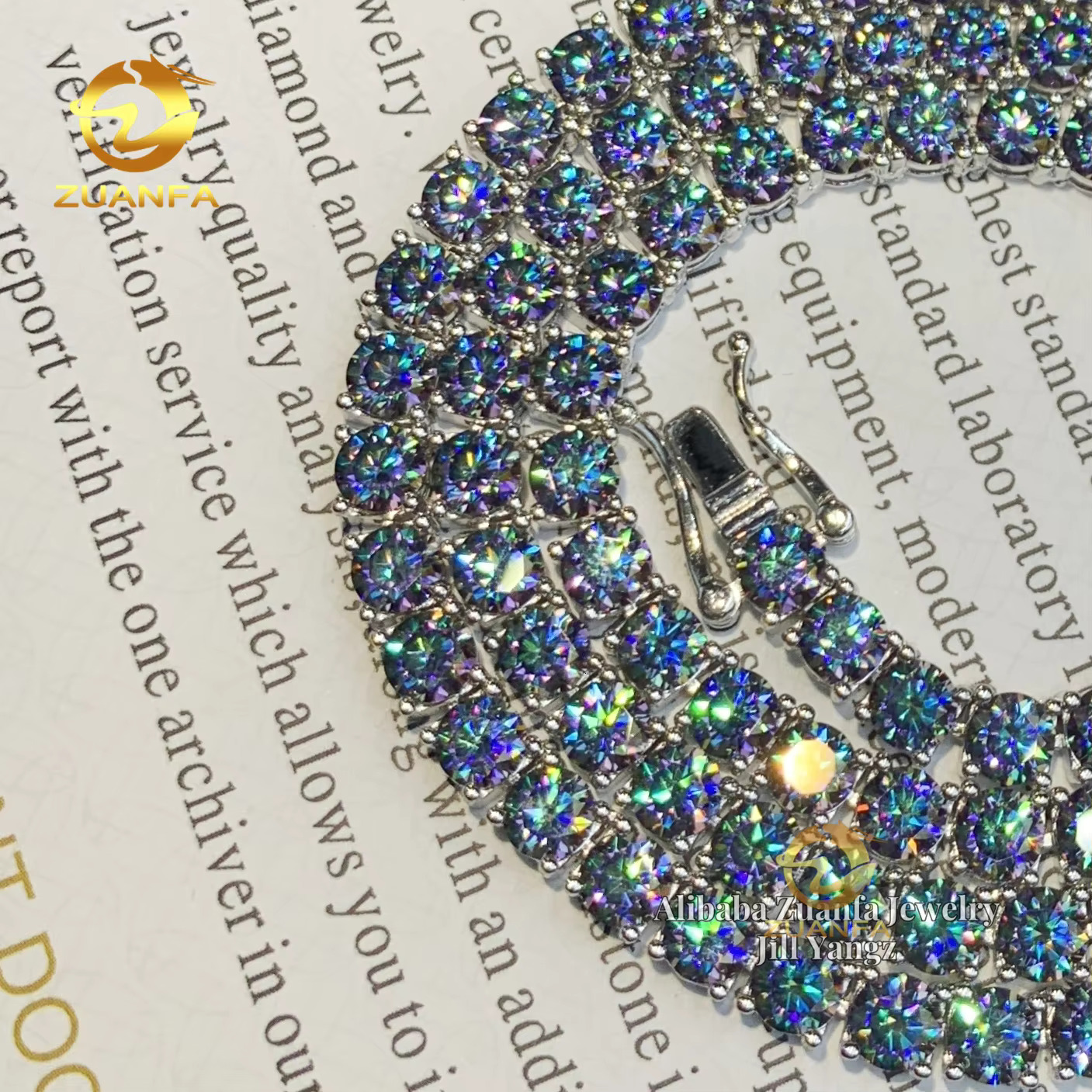 Unique Rainbow Blue Green Color Moissanite Tennis Chain Necklace 4mm 925 Sterling Silver Gift Idea Iced Out Hip Hop Jewelry