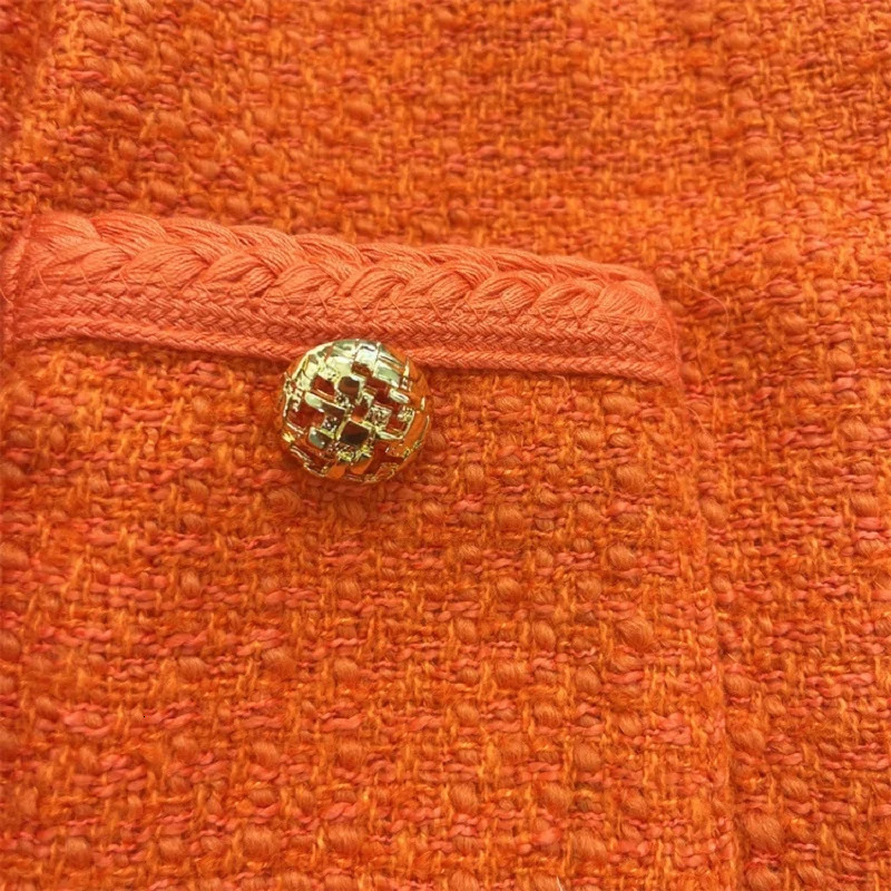Womens short sleeved autumnwinter 2023 orange tweed jacket casual round neck long 250225