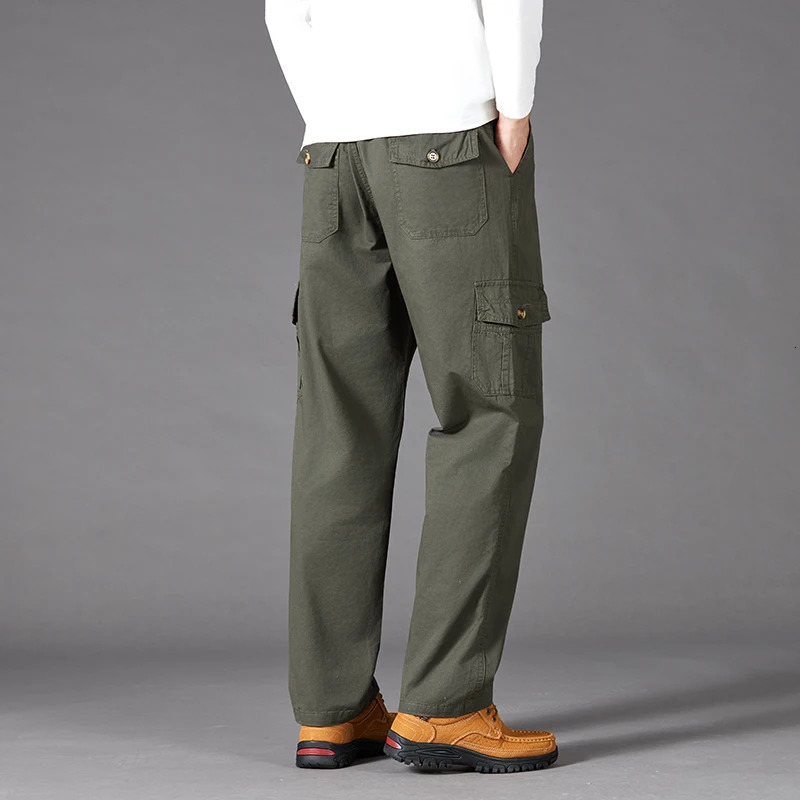 100 Cotton Mens Cargo Pants Straight Fit Loose Work Trouser Male Spring Summer High Waist Big Size Large Plus Elastic Pocket 250305Z