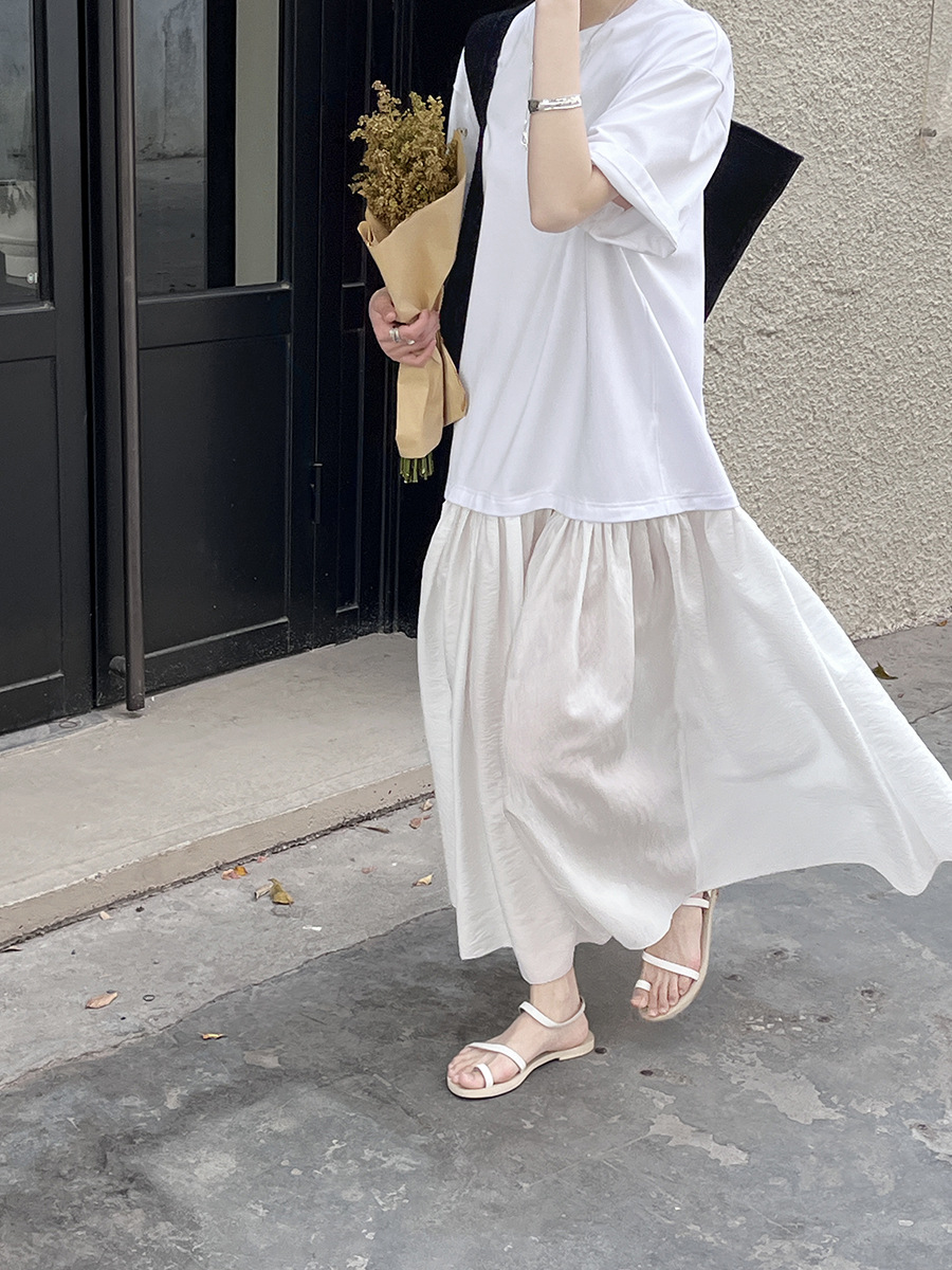 F21150 Spring and Summer 2025 French lazy splicing fake two-piece round neck textured slim dress
