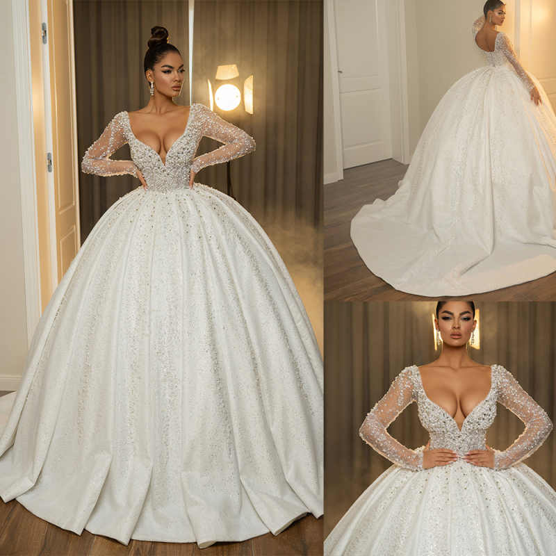 Sexy Ball Gown Wedding Dress For Women V Neck Long Sleeves Bridal Gowns Pearls Sequins Crystal Sweep Train Dresses Custom Made vestidos de novia