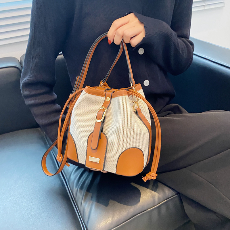 Summer 2025 Women s Color Blocked Bucket Canvas Splicing Fashion Designer Texture Mini Bag Wallet Crossbody Bag Handbag