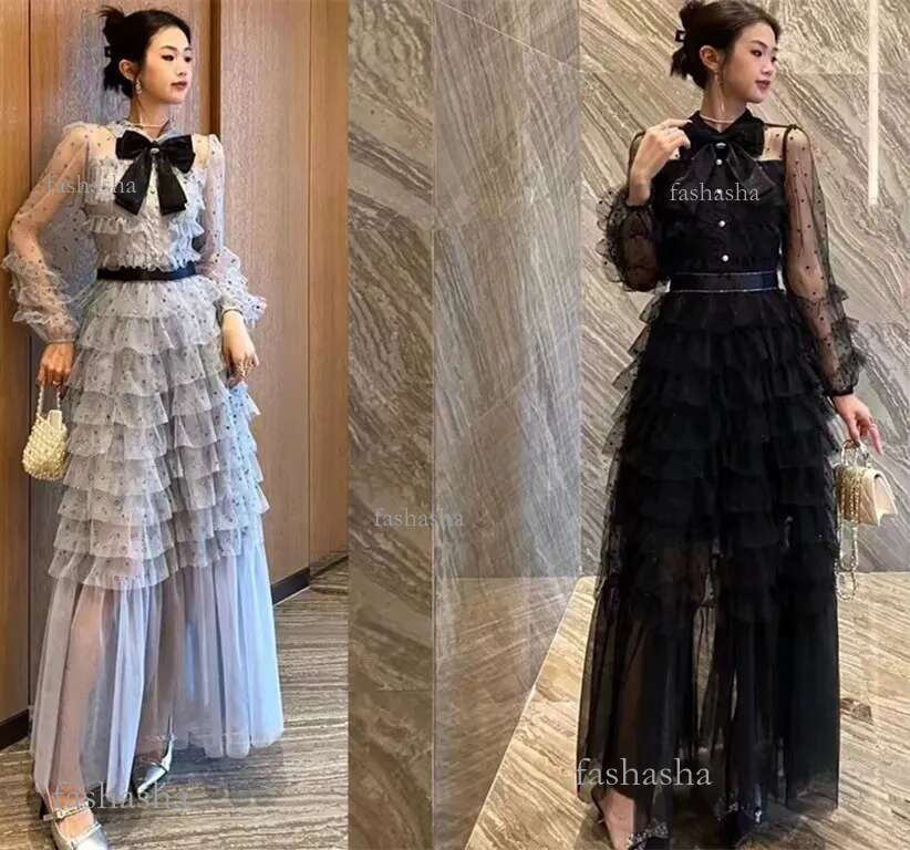 Casual Dresses Runway Designer Summer Polka Dots Holiday Cake Dress Women Mesh Tulle Bow Lapel Evening Party Prom Vestidos