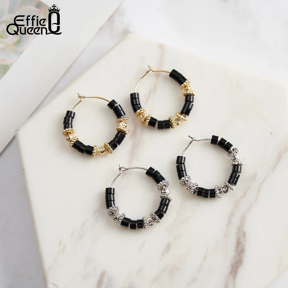 Effie Queen Exquisite 925 Sterling Silver Hoop Earrings With Black Obsidian Round Style Natural Stone Series Party Present GME42 250303