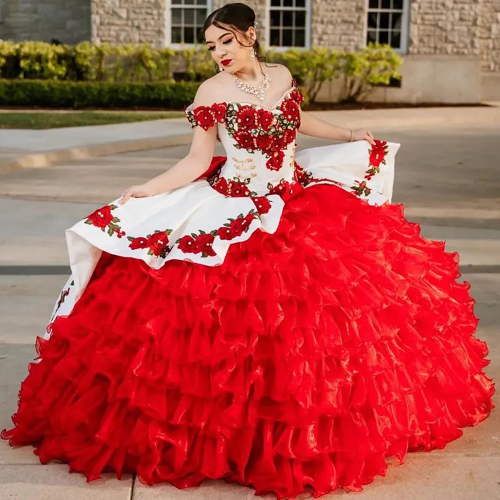 White With Red Charro Quinceanera Dresses Plus Size Flower Mexican Prom Dress With Big Bow Corset Organza Sweet 15 Party Gowns vestidos De Gala