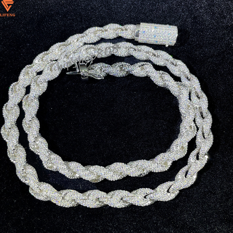 Hot Sale 8mm Iced Out VVS Moissanite Rope Chain Necklace White Gold Ready to Ship 925 Silver Rope Chain Fine Diamond Necklace