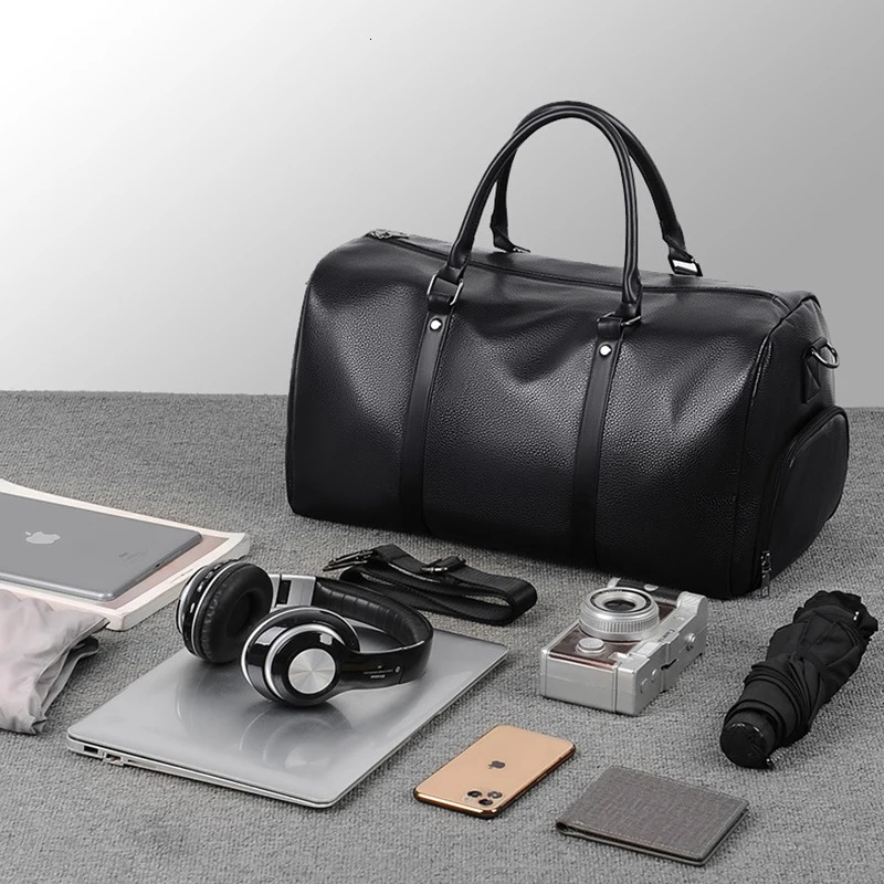 PU leather travel handbag casual mens gym shoe pocket fitness luggage shoulder sports side 250304