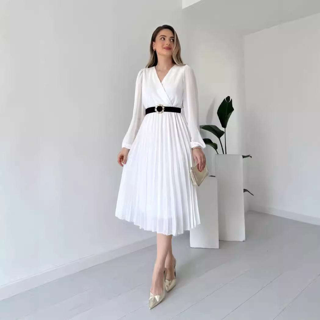 H29220 Women's 2024 Autumn French New Style Solid Color Long Sleeve V-Neck Waist Pleated Temperament Dress