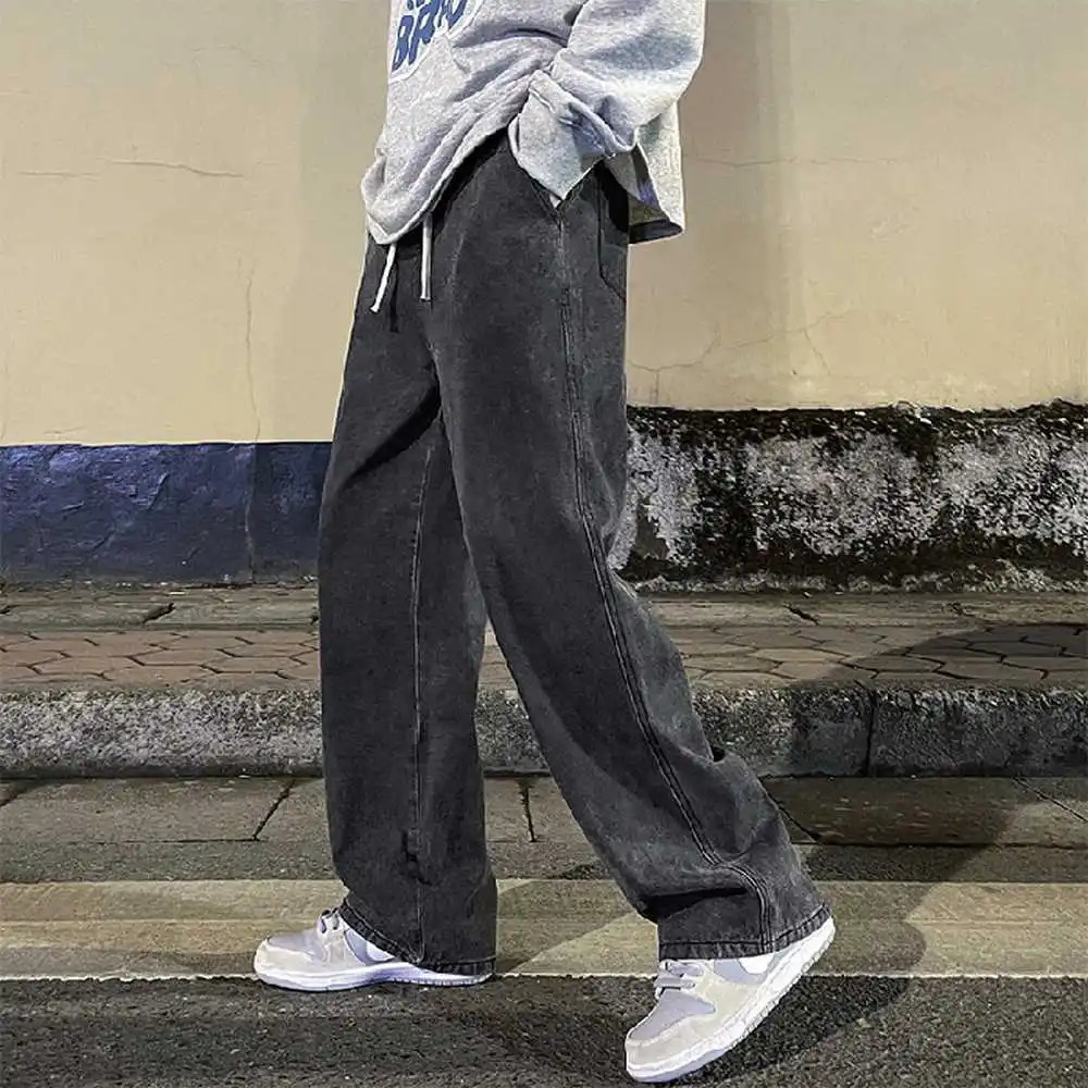 Fashion Mens Solid Color Drape Jeans Loose Straight Korean Vintage High Street Hiphop Y2K Casual Daily Dragging Wideleg Pants 250305