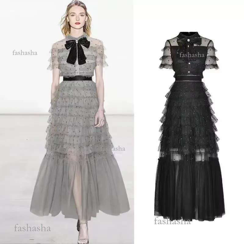 Basic Casual Dresses Runway Designer Fashion Mesh Tulle Polka Dots Cake Dress Women Short Sleeve Midi Long Party Evening Prom Vestidos