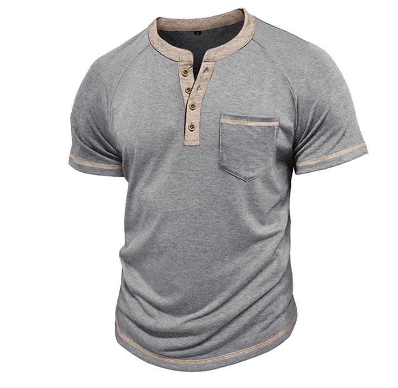 Summer Men's Short-sleeved Henry Shirt Buttons Retro T-shirt Color Matching T-shirts Polos Clothes Male Pullovers Tops Tees White Grey XXXL