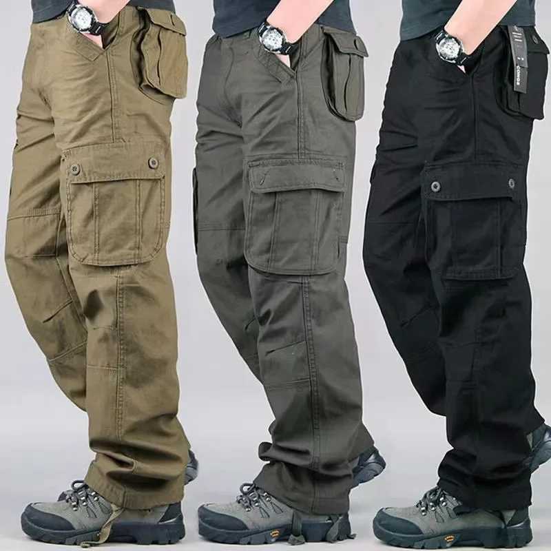 Mens Casual Cotton Cargo Pants Elastic Waist Plus Size Loose Fit Multi-Pocket Construction Work PantsT250308