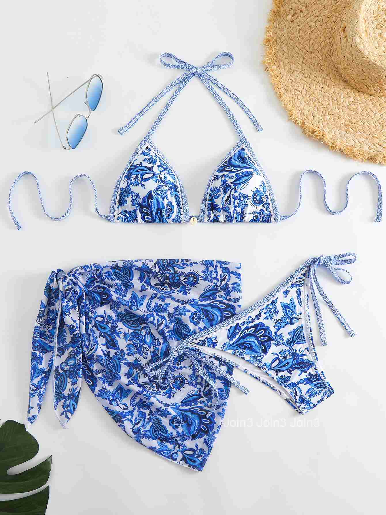 New Printed Mesh Three Piece Split Swimsuit Fashion Shell Accessories Bikini