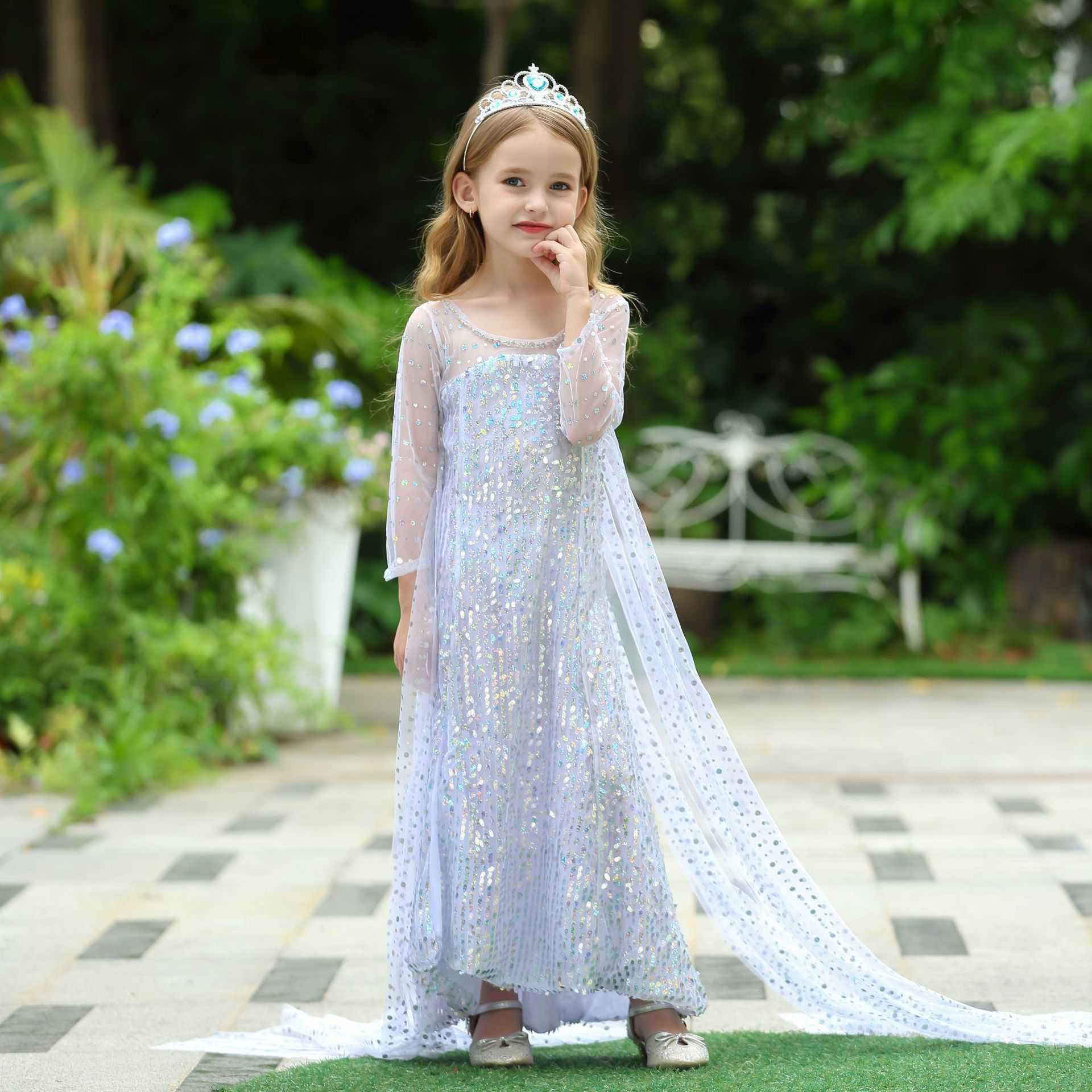 Girl's Dresses 2 Princess Dress Long Sleeve White Glitter Dress Girls Performance Dress Y250307EM5W