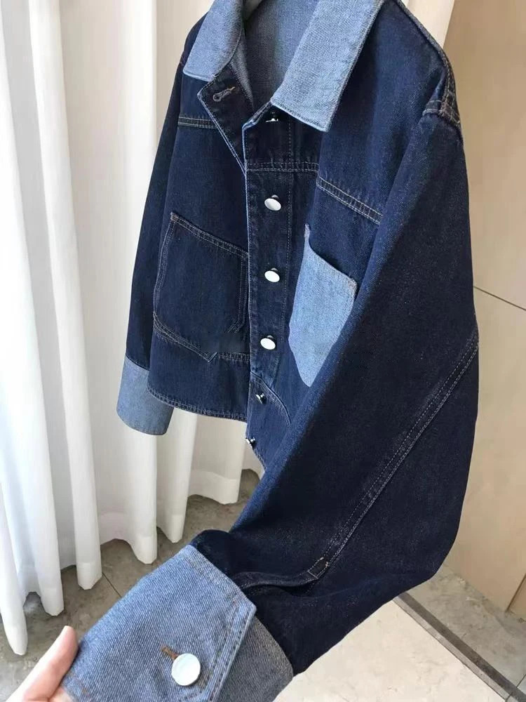 Retro Contrasting Color Laple Denim Jacket for Women 2024 Autumn Loose Singlebreasted Coats Casual Versatile Short Top 250226