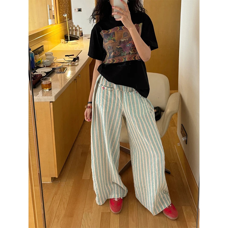Retro striped wide leg pants Harajuku womens high waisted cotton linen pants summer Japanese streetwear luggage straight pants 250306