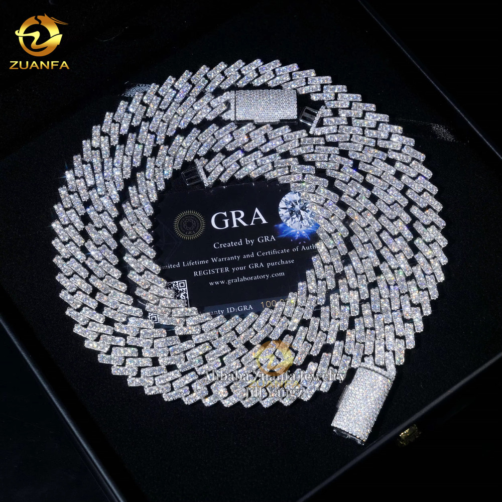 Ready to Ship Big Stone One Row 13mm Moissanite Cuban Link Chain Rapper Prong Chain Prong Hip Hop Necklace Rapper