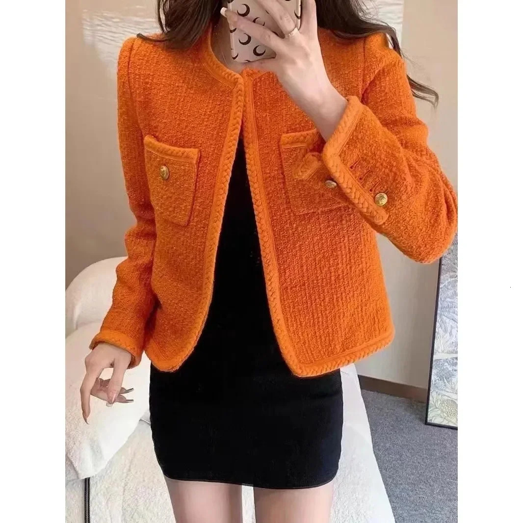 Womens short sleeved autumnwinter 2023 orange tweed jacket casual round neck long 250225