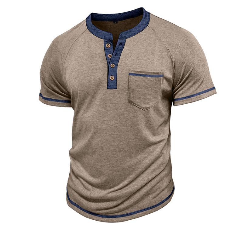Summer Men's Short-sleeved Henry Shirt Buttons Retro T-shirt Color Matching T-shirts Polos Clothes Male Pullovers Tops Tees White Grey XXXL
