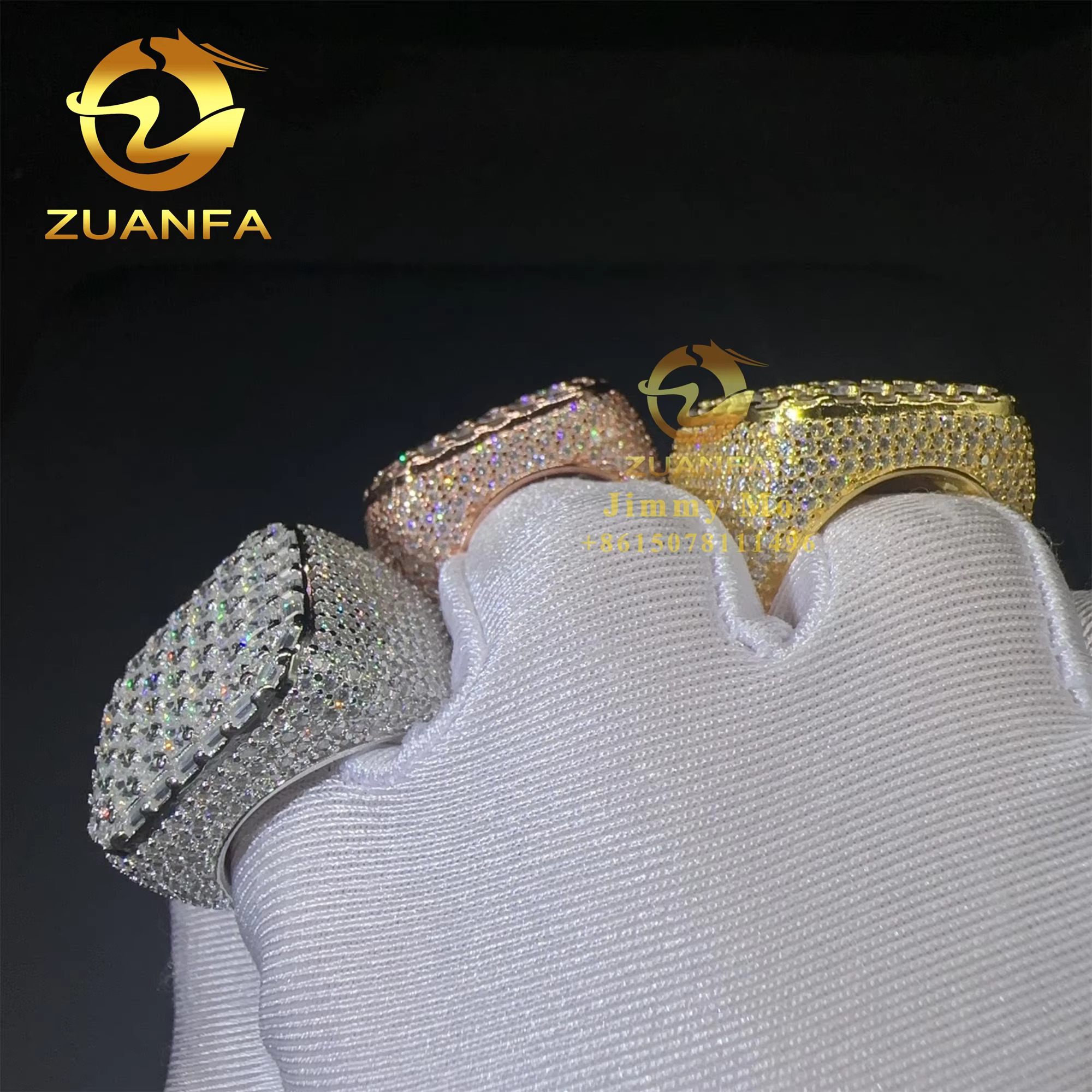 Drop Shipping Fashion Style GRA Certificate Iced Out Hip Hop Vvs Baguette Moissanite Diamond 925 Sterling Silver Ring Men