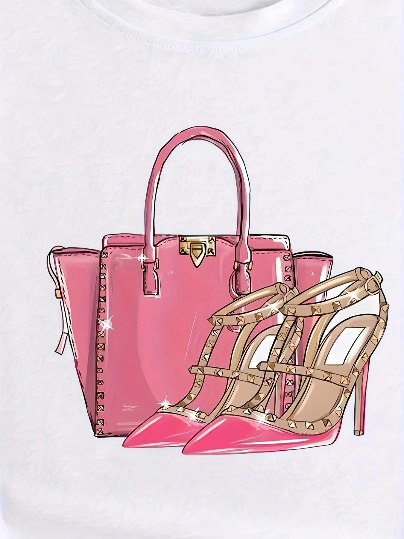 Women's T-Shirt Bag High Hls Pattern Casual T-Shirt Round Neck Short Slves Stretchy Sports T Womens Activewear Y250307MA3I