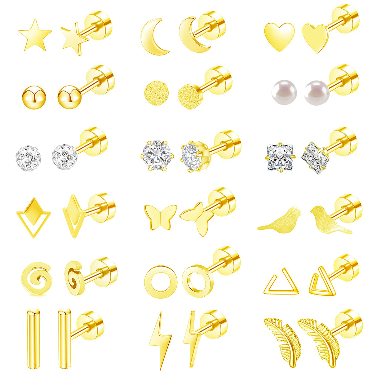 TUPMI 18 Pairs Women Hypoallergenic Flat Back Stud Earrings 20g Stainless Steel Earrings Sets for Men Tiny Unisex Screw Back Cartilage Earrings