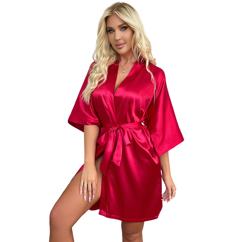 Cross-border spring/summer leisure loose cardigan lace-up bathrobe sexy imitation silk nightgown casual thin home wear pajamas
