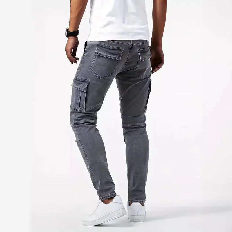 Street Elastic Jeans Pencil Pants Mens Denim Cargo Pants Solid Color Multi Pockets Casual Trousers Slim Fit Wear Joggers 250305