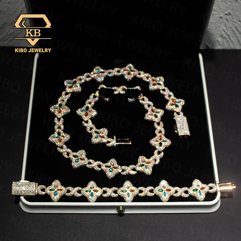 Fashion Hip Hop Jewelry 22mm Rose Gold 925 Sterling Silver Colored Moissanite Diamond Four Leaf Clover Infinity Link Chain