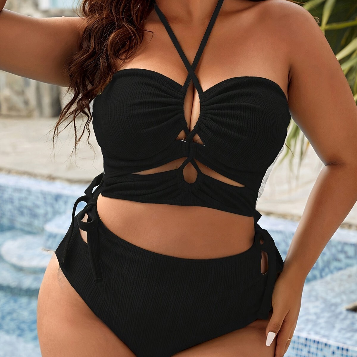 New Plus Size Pit Stripe Special Fabric Solid Color Multi-color Split Slim Fit Bikini Swimsuit
