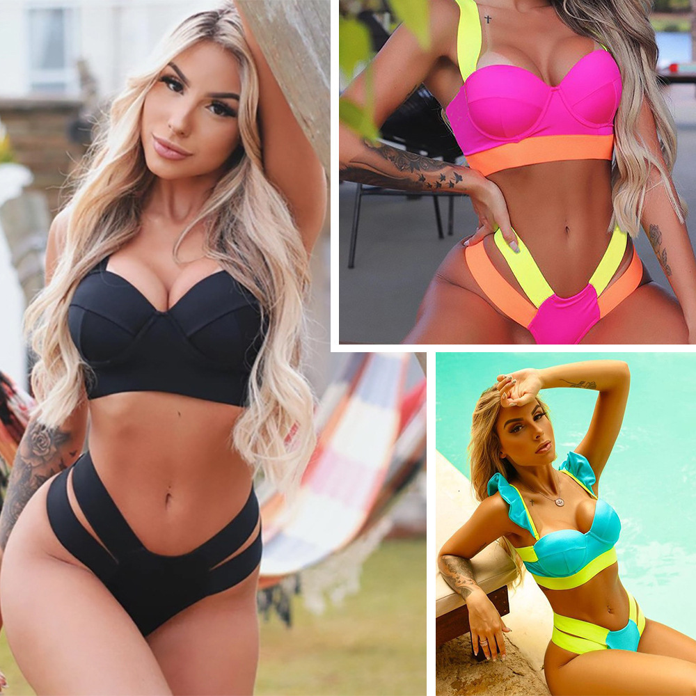 Bikini New Swimsuit Color Blocking Splicing Steel Bracket Gathers Fashion Womens Bikini Beach Swimsuit