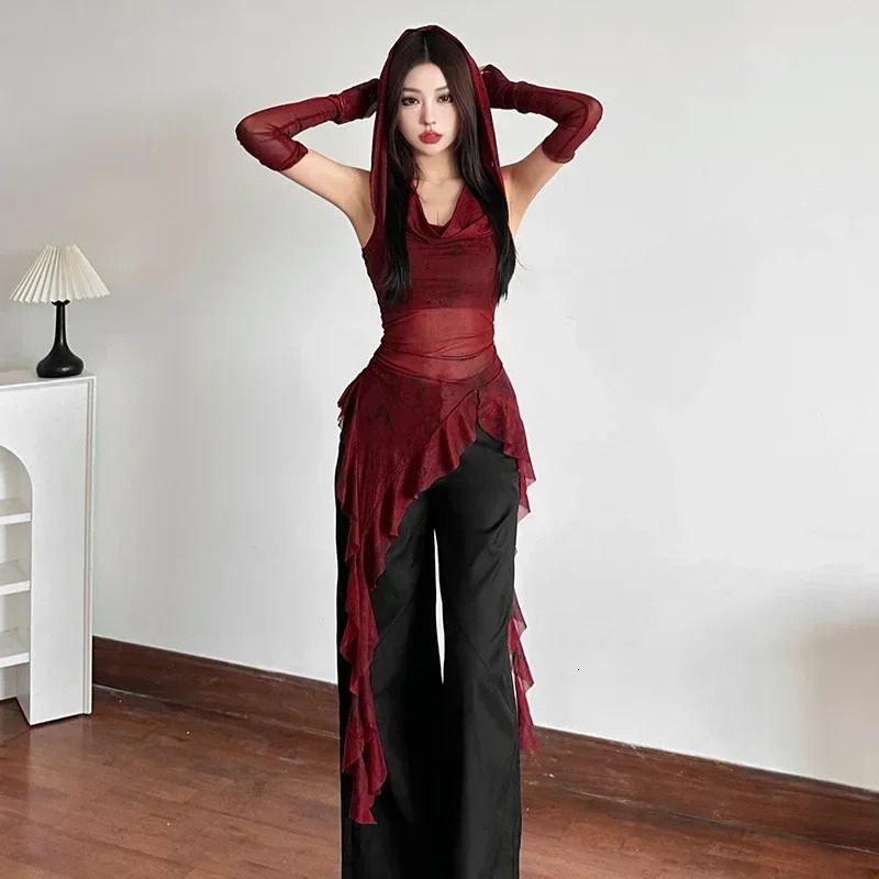 Streetwear 90s Grunge Mesh See Through Hooded Tops Cyber Y2K Irregular Hem Ruffles Hoodie Women Slim Blouse with Cuffs250304