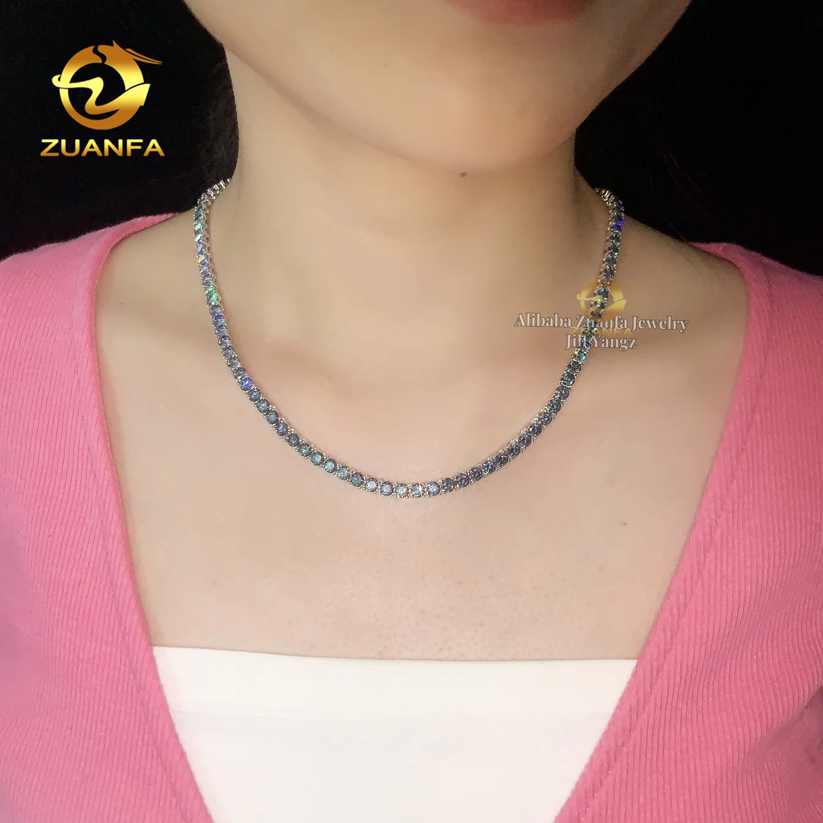 Unique Rainbow Blue Green Color Moissanite Tennis Chain Necklace 4mm 925 Sterling Silver Gift Idea Iced Out Hip Hop Jewelry