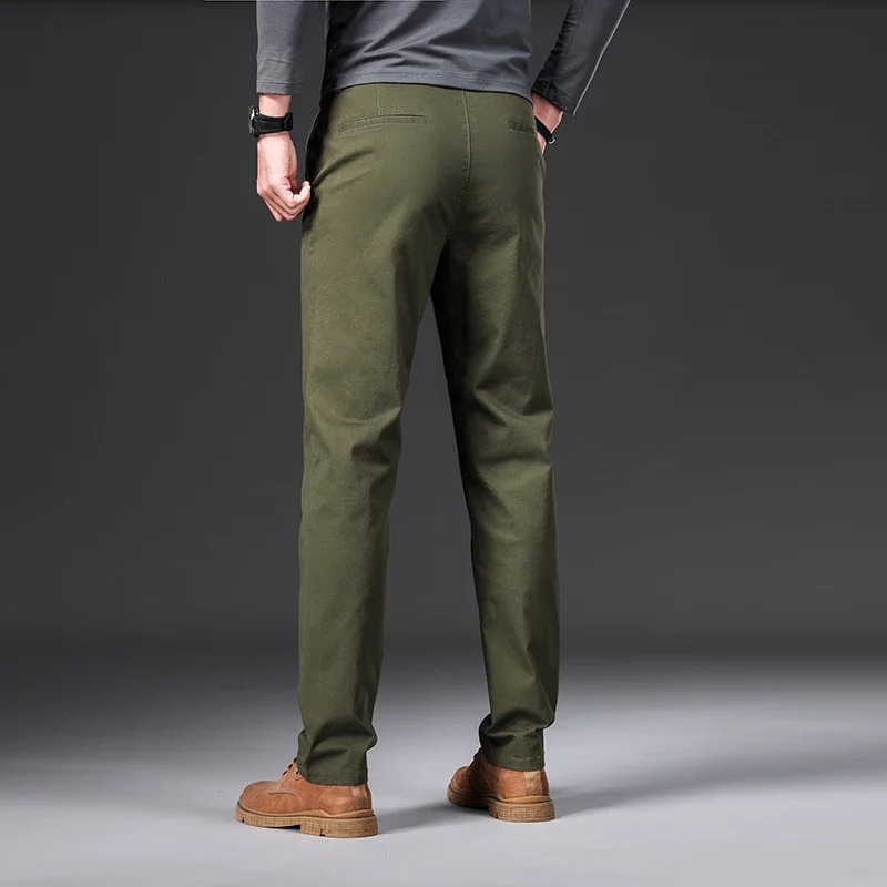 97 Cotton Mens Casual Pants Autumn Fashion Comfortable Elastic Slim Straight Business Trousers Black ArmyGreen Khaki 250305Z
