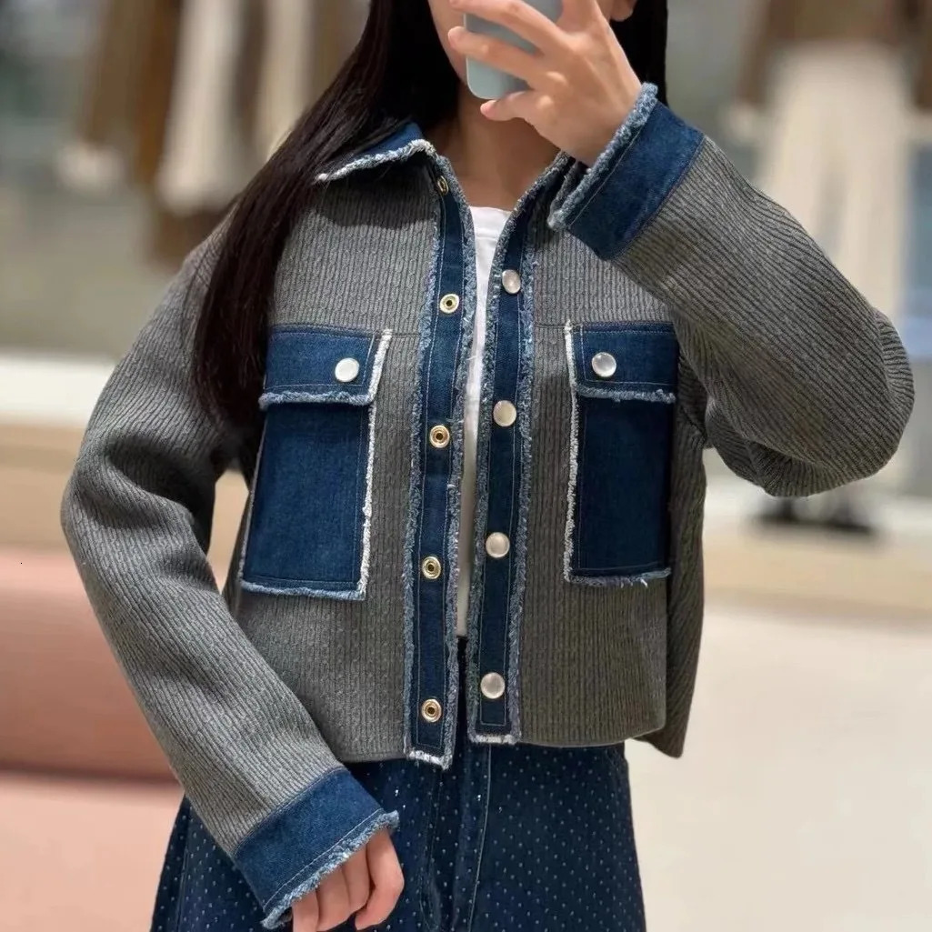 Denim Coat for Women 2024 Autumn Winter Spliced Turn Down Collar Single Breasted Casual Long Sleeve Jacket 250226