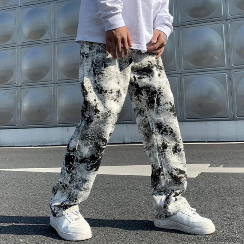 Mens Jean tiedye Unisex Printed jeans Spring Mopping Trousers Jeans Korean Style High Street Loose Hip Hop Straight Jean Pants 250305 250305